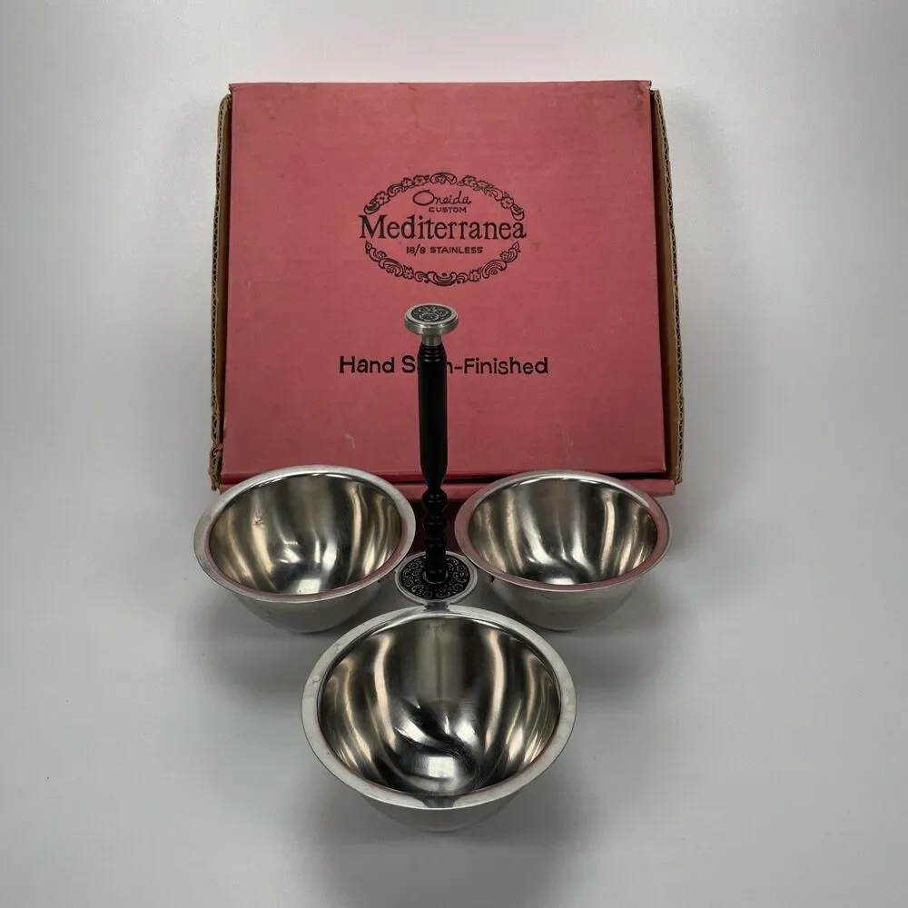 Vintage Oneida Custom Stainless 18/8 Condiment Relish 3 Bowl Server Original Box